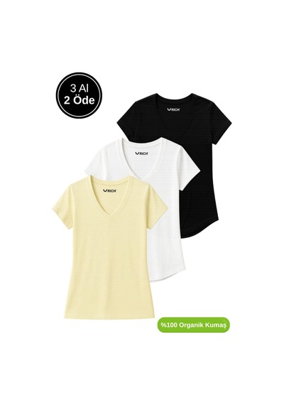 Kadın 3'lü Paket Siyah-sarı-beyaz %100 Organik Pamuk Normal Kesim Tişört V Yaka T-shirt Çok Renkli