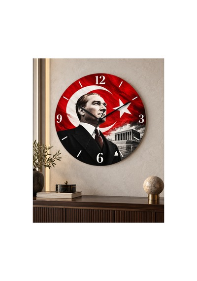 Atatürk Temalı 45 Cm Ahşap Sessiz Akar Mekanizmalı Uv Baskılı Dekoratif Duvar Saati Hediyelik 1098 Çok Renkli