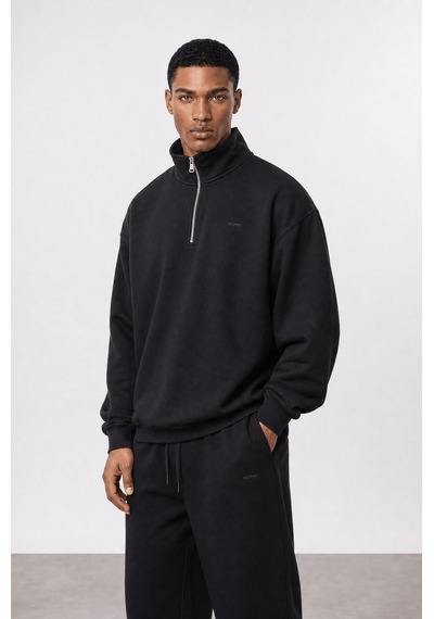 Erkek Respire Basic Half Zip Oversize Sweatshirt Siyah