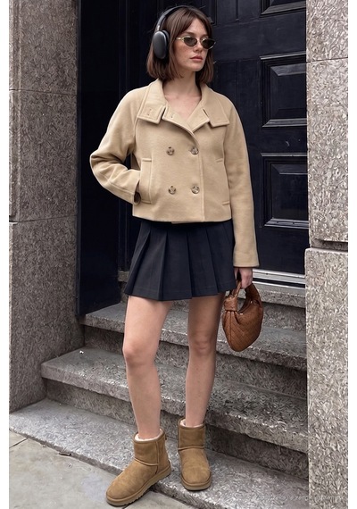Lela Dik Yaka Düğmeli Kısa Kaşe Mont Kadın Kaşe Mont 611aw115 Camel