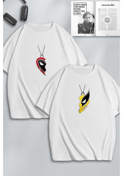 Unisex Erkek Kadın Deadpool Ve Wolverine Baskılı Sevgili Çift Kombini Tasarım Oversize T-shirt 2li Beyaz Mck0595 Beyaz