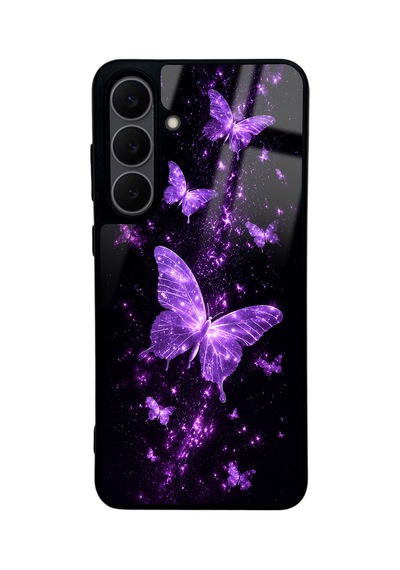 Samsung S25 Fe Purple Galaxy Uyumlu  Butterfly Tasarımlı Glossy Telefon Kılıfı Mor