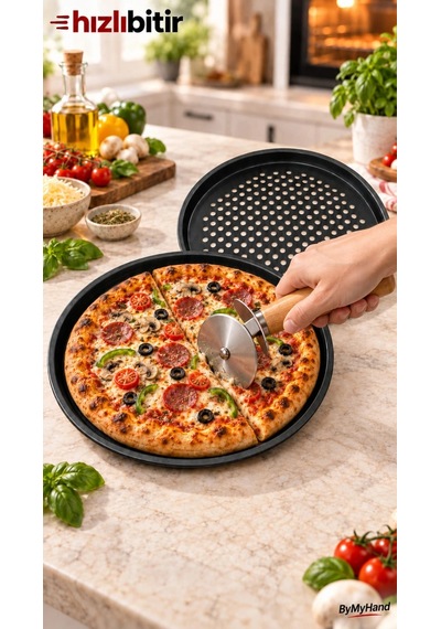 Bymyhand Teflon Kaplama Siyah Yanmaz Yapışmaz Pizza Tepsisi 2'li Set 28 32 Cm Pizza Kesici Hediyeli