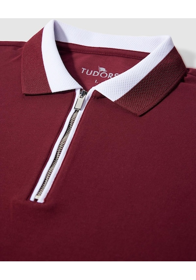 Tudors Erkek Slim Fit Dar Kesim %100 Pamuk Düz Pike Fermuarlı Bordo Polo Yaka Tişört-31111-bordo Bordo