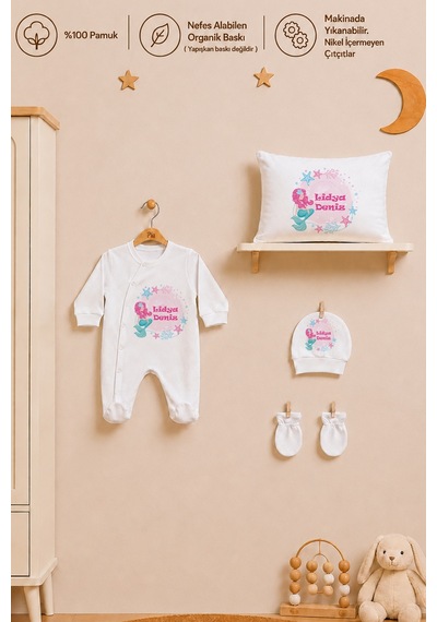Pia Baby Kız Bebek İsimli %100 Pamuk Hastane Çıkışı 6 Parça Tulum Şapka Eldiven Hediye Seti 2073tybk0x Krem