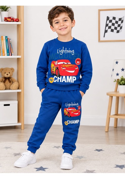 Alkın Kids 4-10 Yaş Erkek Çocuk %100 Pamuklu Araba Baskılı Alt-üst Takım Saks Mavi