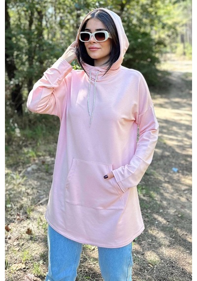 WeShaya Kadın Pudra Uzun Kol, Yakası Bağcıklı, Kapüşonlu, Kanguru Cep, Salaş, Uzun Tunik Sweatshirt Pudra