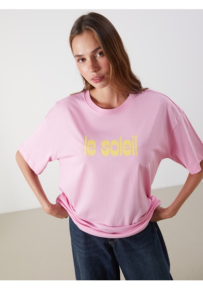 Lcw Vision Pembe Baskılı Oversize %100 Pamuklu Kadın Tişört