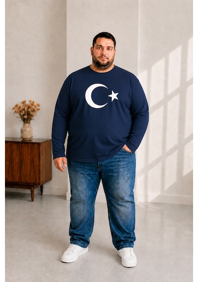 Sngl Tekstil Erkek Büyük Beden Uzun Kollu Ay Yıldız Baskılı Tişört 3xl 4xl 5xl 6xl 7xl 8xl 9xl Lacivert