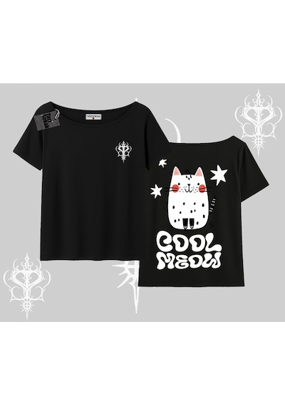 Tarzsokak Cool Meow Yazılı Sevimli Kedi Arka Baskılı Kayık Yaka Tshirt Siyah Tarzsokak Cool Meow Yazılı Sevimli Kedi Arka Baskılı Kayık Yaka Tshirt Siyah