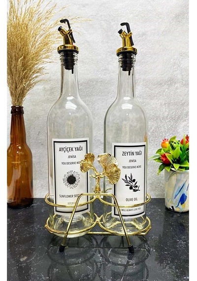 Altın Standlı Ginkgo Figürlü 750ml Şeffaf Şişe Altın Akıtıcılı Et