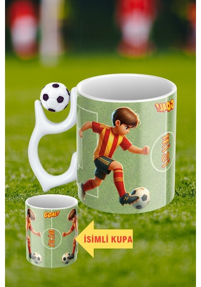 Siyah Beyaz Futbol Toplu Sarı Kırmızı Forma Oyunculu Taraftar İsimli Baskılı Kupa Bardak Beyaz