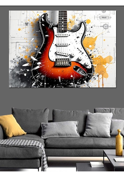 Soyut Renk Sıçramalı Elektro Gitar Dekoratif Kanvas - Mdf Ahşap Tablo
