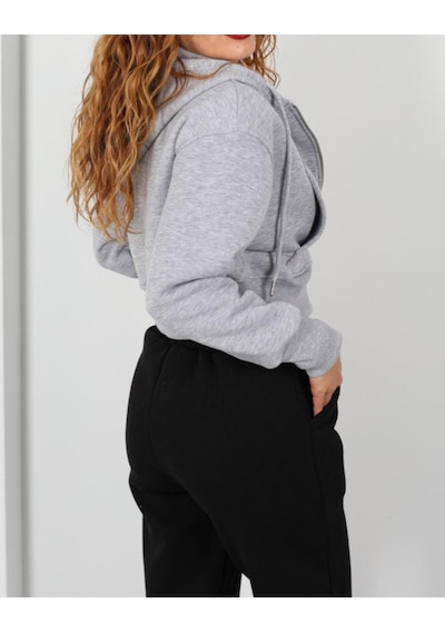 İs Berceste Kapüşonlu 3 İplik Gri Melanj Kadın Crop Sweatshirt Ceket Açık Gri