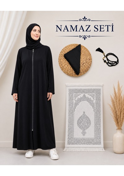 Bilenler Kadın Namaz Seti Fermuarlı Viskon Namaz Elbisesi Örtü İnci Tesbih Seccade M1001 Siyah