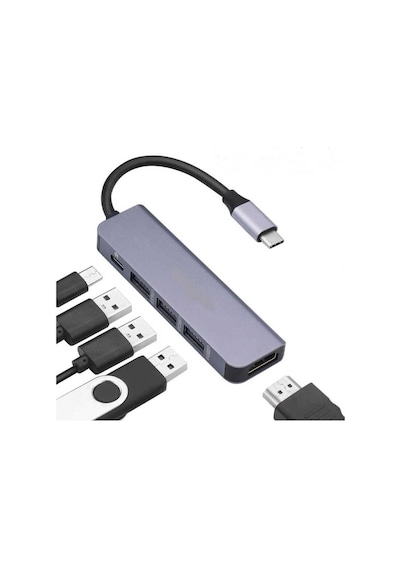 Type-c To Hdmı 4k 30hz Çevirici Kablo 1 Usb 3.0 + 2 Usb 2.0 Çoklayıcı Hub + Pd 87w Adaptör 5 İn 1