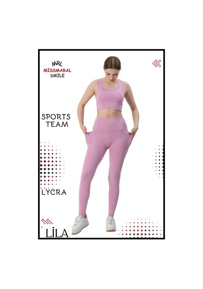 Missmaral Kadın Alt Üst Takım Fitness Pilates Koşu Sporcu Slim Fit Tayt Çift Cep Yüksek Bel Likralı Lila 3065 Lila