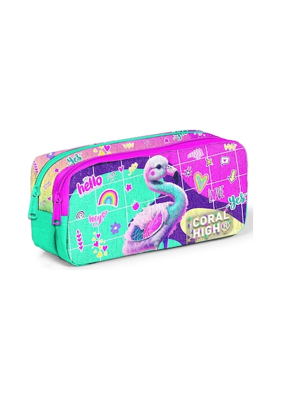 Coral High Kids Pembe Su Yeşili Flamingo Desenli İki Bölmeli Kalem Çantası 12080