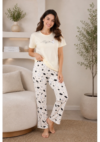 Wordex Mirano 4103 Tavşanlı Kalpli Kısa Kollu Pamuklu Kadın Pijama Takımı Sarı