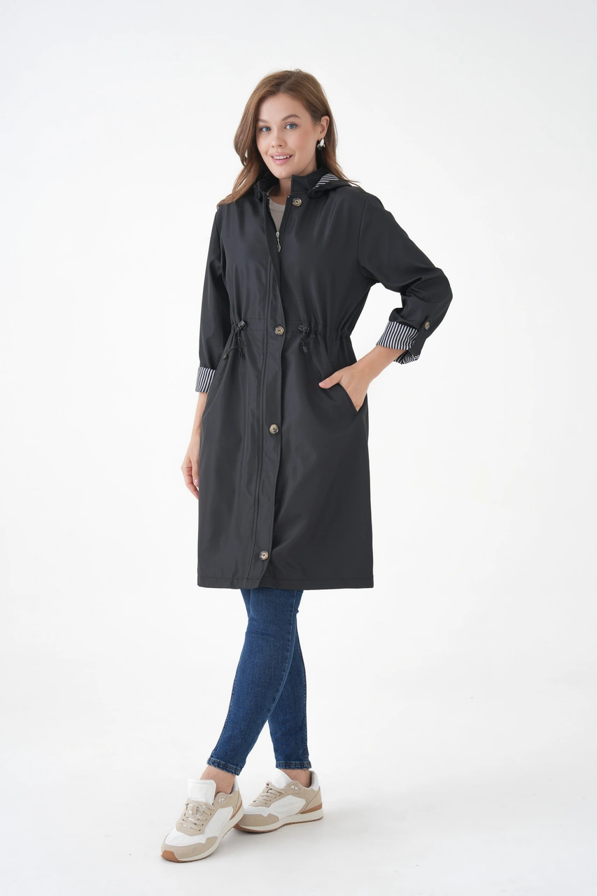 Ayşo Clothes Kadın Rüzgar Ve Su Geçirmez Bondit Kumaş Çıkarılabilir Düğmeli Kapüşon Beli Tünelli Mevsimlik Trençkot Siyah Ayşo Clothes Kadın Rüzgar Ve Su Geçirmez Bondit Kumaş Çıkarılabilir Düğmeli Kapüşon Beli Tünelli Mevsimlik Trençkot Siyah