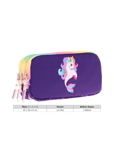 Kaukko Kids Üç Bölmeli Mor Çok Renkli, Denizkızı Ve Unicorn, Kız Çocuk Okul Kalemliği - L8228 Çok Renkli - Mor