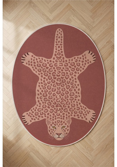 Leopar 04 Koyu Pembe Leopar İnce Vintage Görünüm Şönil Dokuma Oval Oturma Odası Ev Koridor Halısı