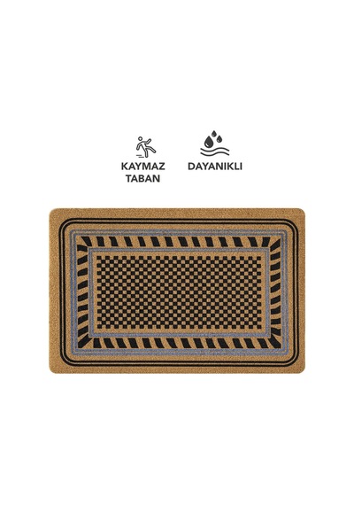 Coco Entry Ps023a Damalı Çerçeve Desen Kalın Kaymaz Taban Nem Alıcı Şık Tasarım Kapı Önü Paspası Hardal