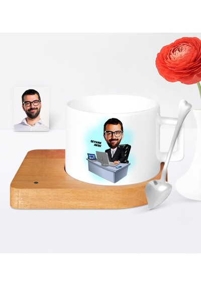 Kişiye Özel Genel Müdür Karikatür Ahşap Altlıklı Seramik Fincan -