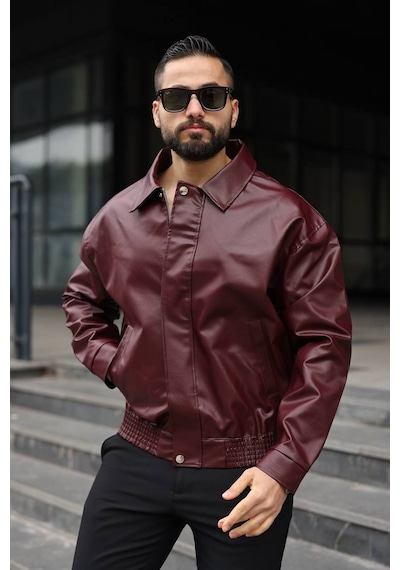 Yeni Sezon Dokulu Oversize Bol Kalıp Bomber Ceket Bordo Karbon Deri