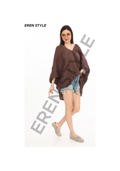 Eren Style Bohem Kuruvaze Tek Düğmeli Keten Bluz-9884 Kahverengi