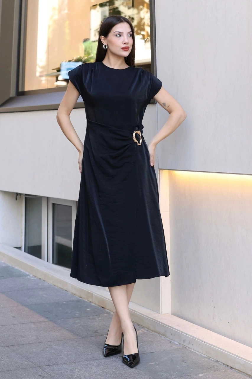 Lodmela Toka Ve Drape Detaylı Soft Saten Midi Elbise 6042-siyah Siyah