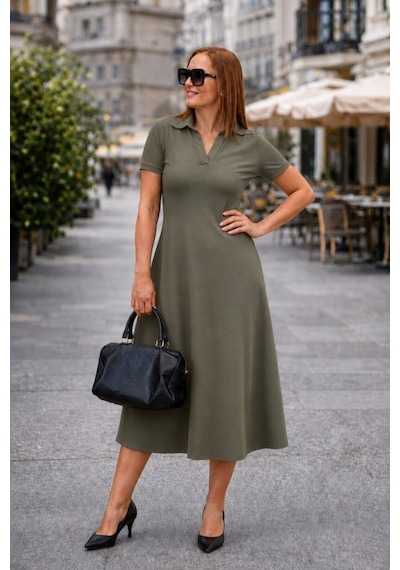 Butik İstanbul Kadın Kısa Kollu V Yakalı Midi Viskon Iki Iplik Elbise Haki