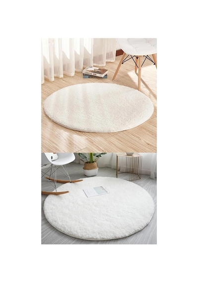 Rachel Carpet Beyaz Lüks Raschel Taban Yıkanabilir Kaymaz Taban Yuvarlak Peluş Halı Yolluk, 200 X 200 Diğer