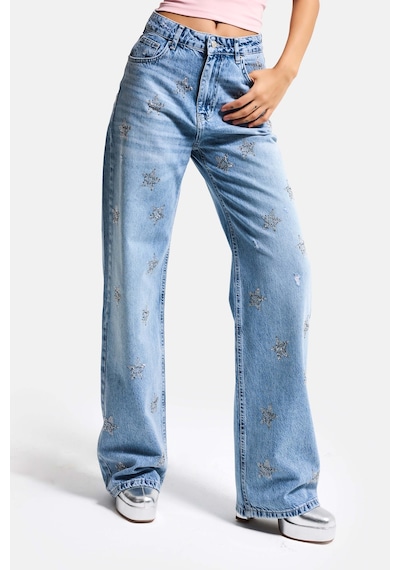 Itsbasic Kadın Mavi T1-12s6-99 Straight Fit Parlak Yıldız Taşlı Özel Tasarım Denim Jean