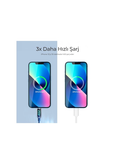 Woyax By Deji Apple iPhone Uyumlu 6 7 8 X XS 11 12 13 14 Pro Max Plus - Type-C Örgülü Dijital Göstergeli Şarj Kablosu