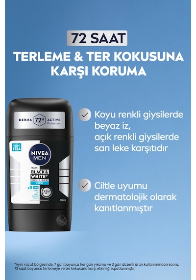 Men Erkek Stick Deodorant Black&white Invisible Fresh 50 Ml, 72 Saat Anti Perspirant,leke Karşıtı