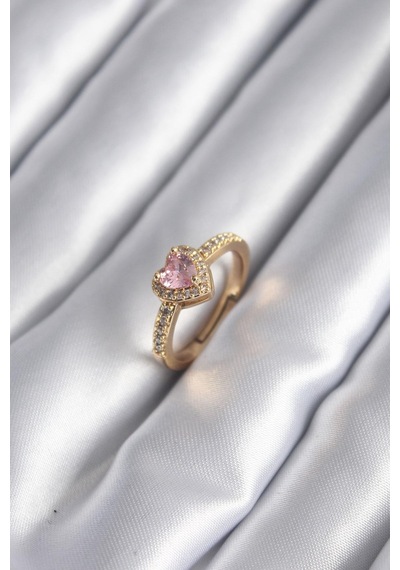 Pirinç Gold Renk Pembe Zirkon Taş Kalp Charm Model Kadın Yüzük Gold