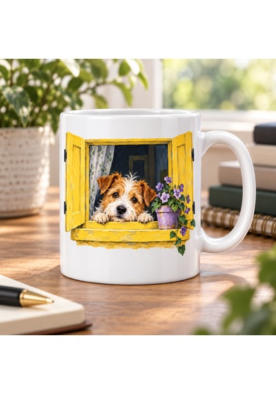 Bezos Sabah Penceresinde Köpek Tasarımlı Porselen Kupa - Model 487 Dmc
