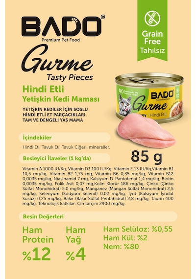 Bado Gurme Yaş Yetişkin Kedi Maması Hindi Etli 85 Gr 24 Adet