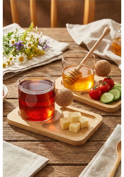 Fıre Kıng Panda 6'lı Bambu Tabaklı Cam Borosilikat Mantar Kulplu Bardak 150 Ml Cam Kahve Bardağı Açık Ahşap