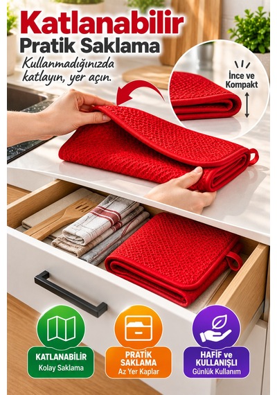 Kırmızı Bez Mikrotex Bulaşık Kurutma Matı 45x36 Cm Süper Emici Katlanabilir Tezgah Üstü Kurutma Matı