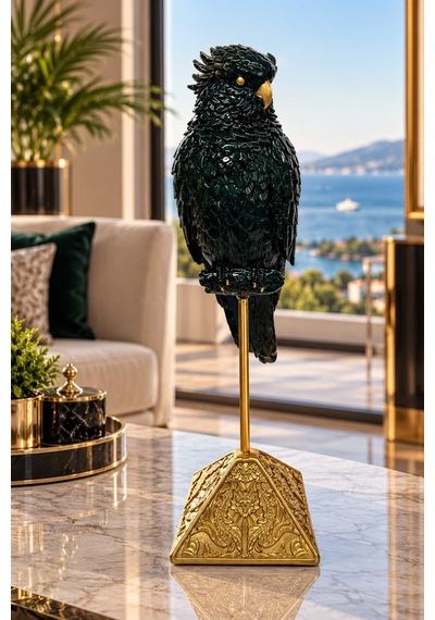 Yeşil Gold Papağan Biblo 55 Cm Ayaklı Dekoratif Salon Ve Ofis Aksesuarı