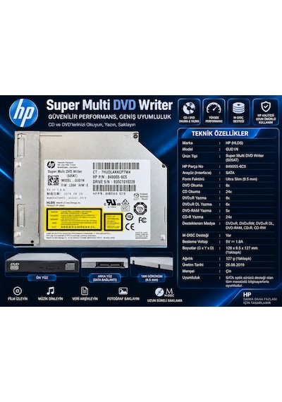 Hp Hlds Gud1n Super Multi Dvd Writer 9.5mm Slim Sata Dvd-rw