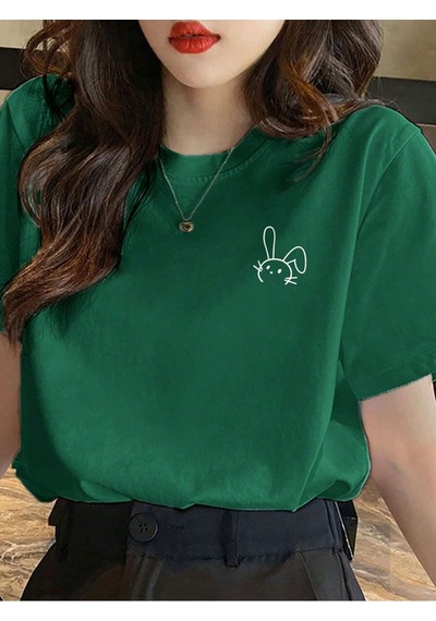 Flood Of Style Kadın Nefti Yeşili Figür Tavşan Baskılı Oversize Yeşil