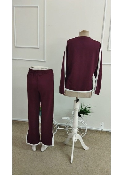 Bhrwear Kadın Uzun Kollu Bisiklet Yakalı Yan Şerit Detaylı Yırtmaçlı Viskon Iki Iplık Bluz Ve Pantolon Ikili Takım Renkli