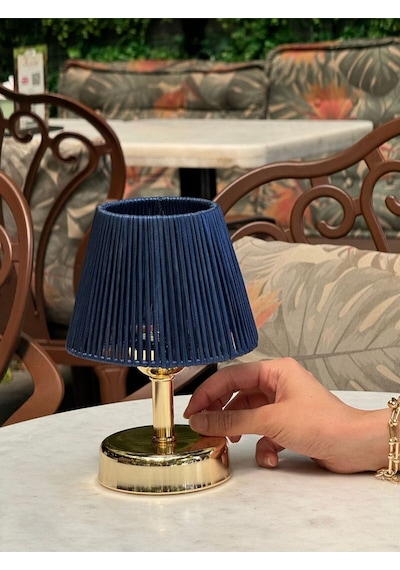 Deri Lacivert Kablosuz Masa Lambası Parlak Gold Ayaklı Abajur Aydınlatma