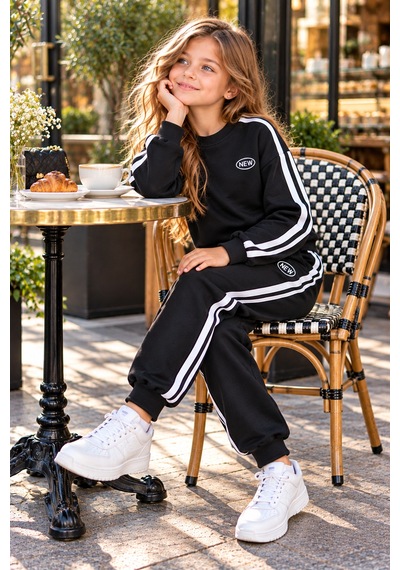 New Kids Kız Çocuk Takım Uzun Kol 3 İp Şrd New Baskı Kollar Şeritli Paça Detaylı Takım Syh-91278 Siyah