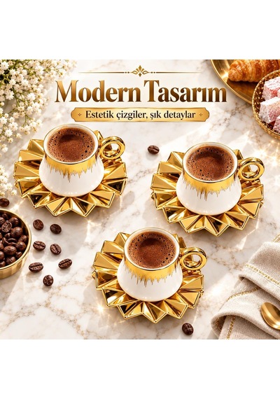 6 Kişilik 12 Parça Türk Kahvesi Fincan Seti 100 Ml Beyaz Gold Detaylı Porselen Çok Renkli