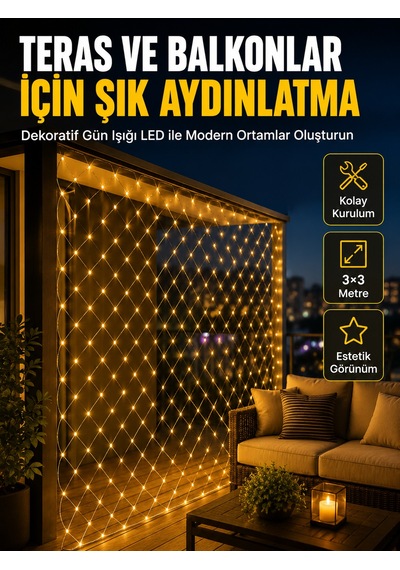 İç Ve Dış Mekân Kullanımına Uygun 3x3 Metre Led Işık Ağı - Lisinya Sarı