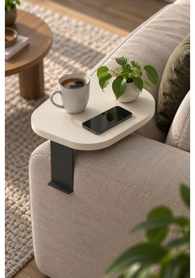 Sulorahome Ayarlanabilir C Sehpa Krem Bej Oval Koltuk Yan Sehpa Açık Bej